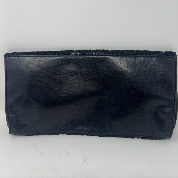 Jessica Simpson Lace Detail Large Black Leather Clutch With Magnetic Closure - Picture 3 of 8